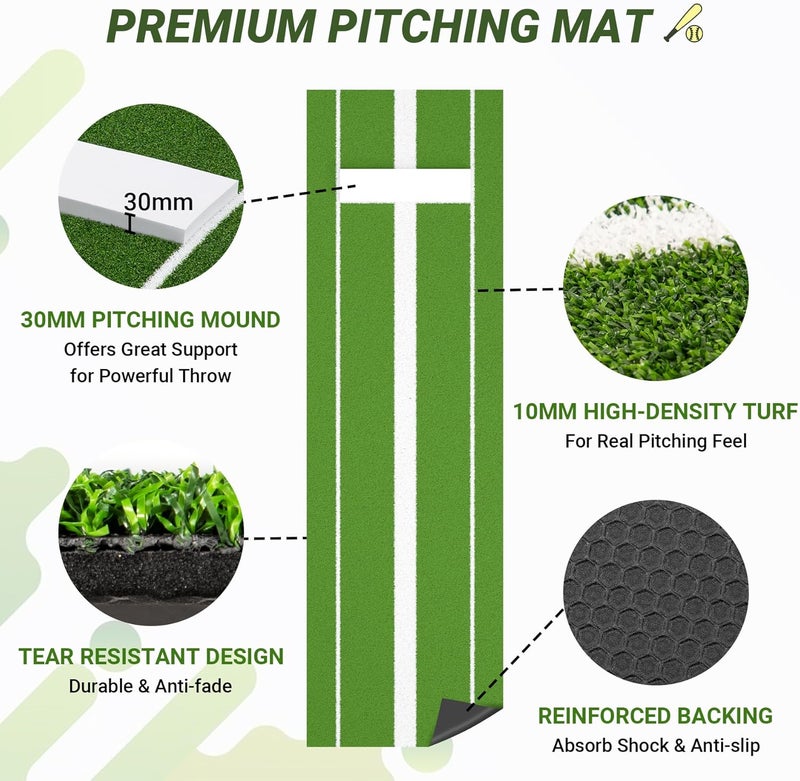 Neoaider Softball Pitching Mat with 30MM Thickened Picthing Mound, Non-Slip Backing, Anti-Fade Turf, 10x3 ft Pitching Mat for Indoor & Outdoor Use, Gift for Softball/Baseball Enthusiast, Green/Clay - Image 2